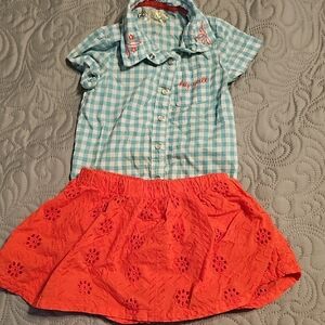 OshKosh Genuine Kids Blue Checkered Shirt and Orange Skirt Set